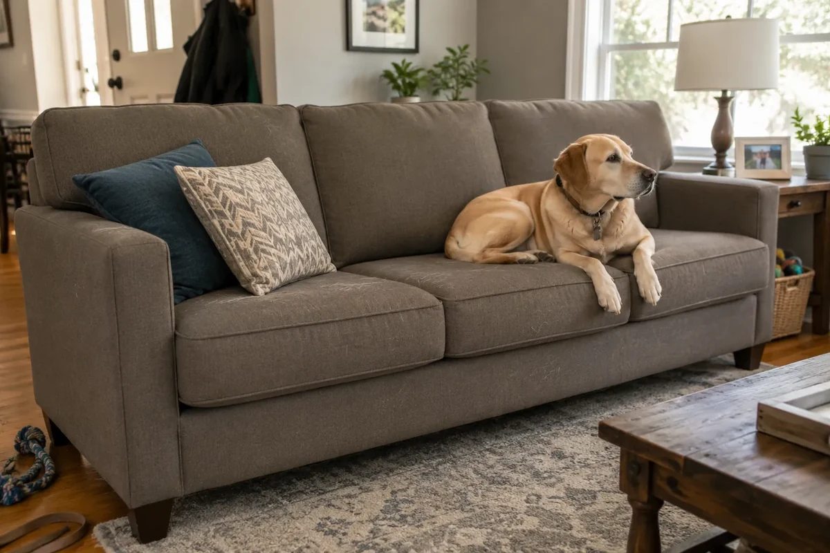 Dog resting on a practical upholstered sofa in a living room