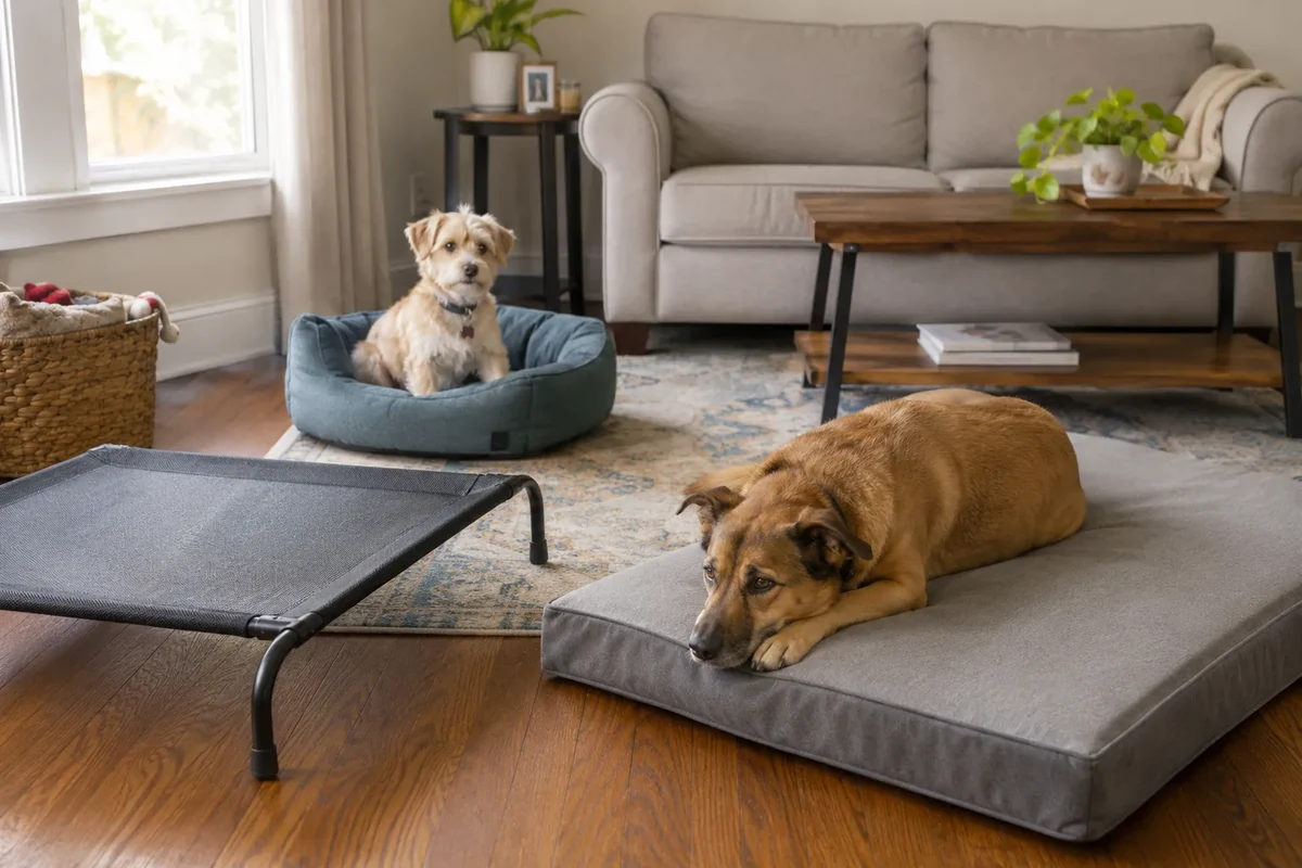 Different dog bed styles in a living room