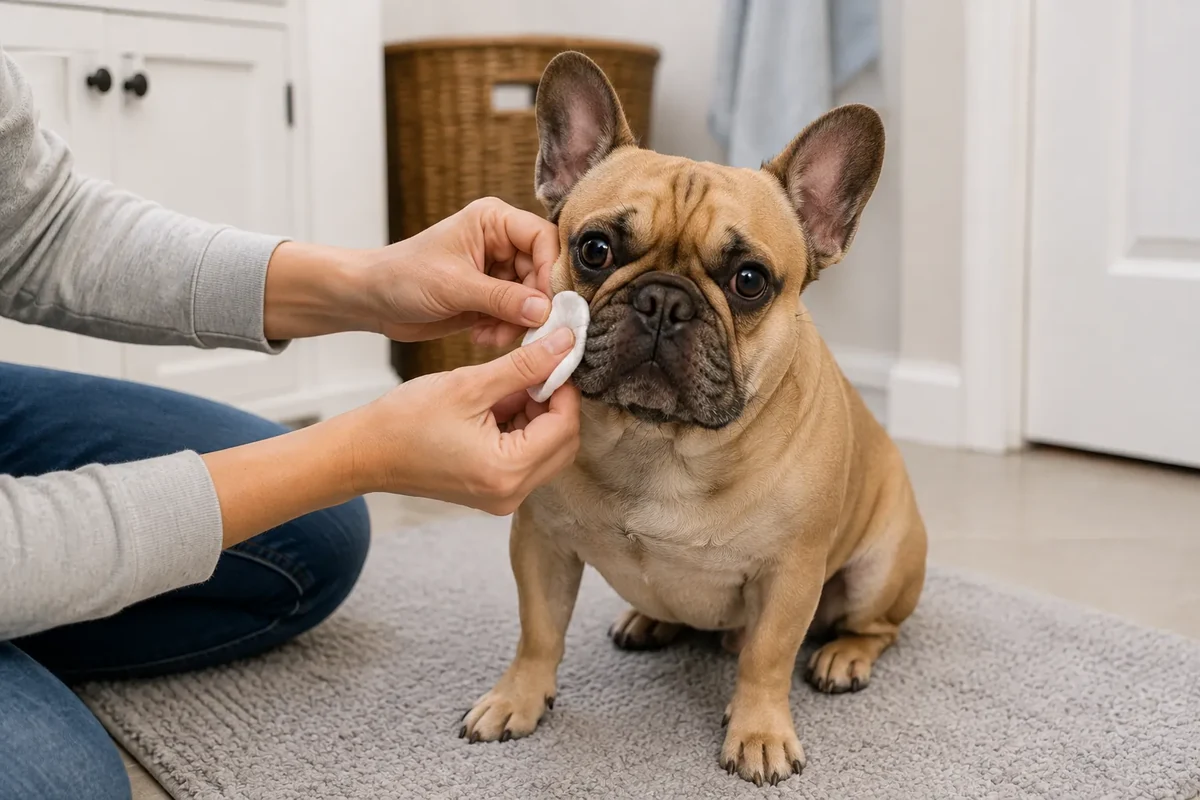 Owner gently checking and cleaning a French Bulldog's facial folds