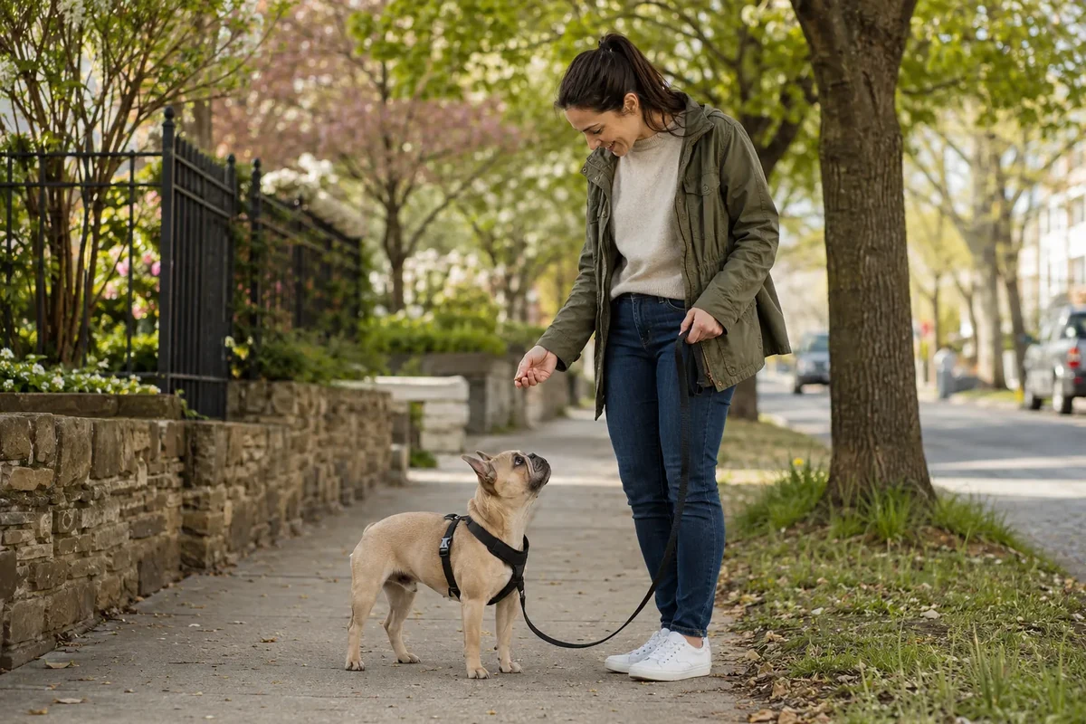 Owner practicing calm walking and training with a French Bulldog