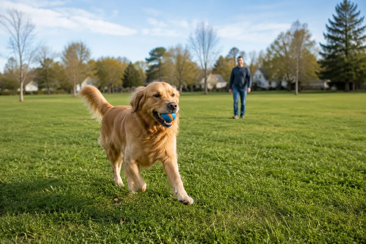 Golden Retriever retrieving a ball during outdoor play