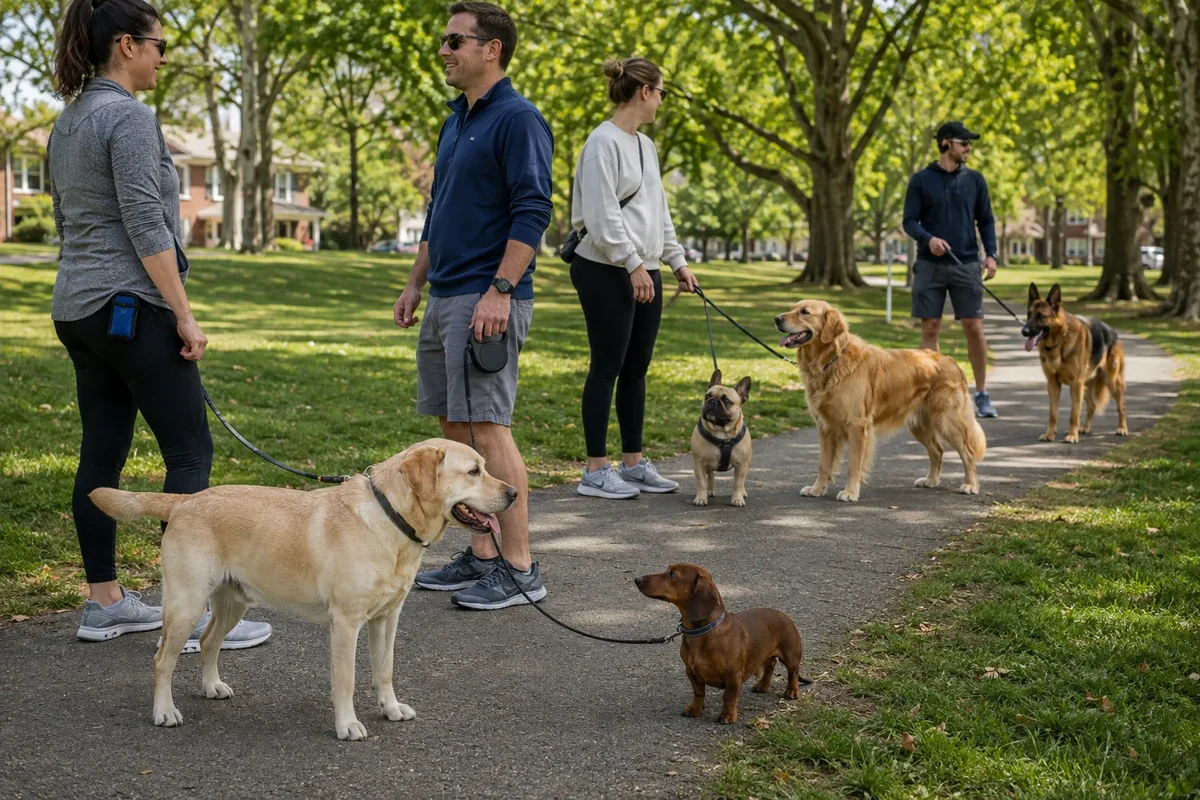 Popular dog breeds with owners in a neighborhood park
