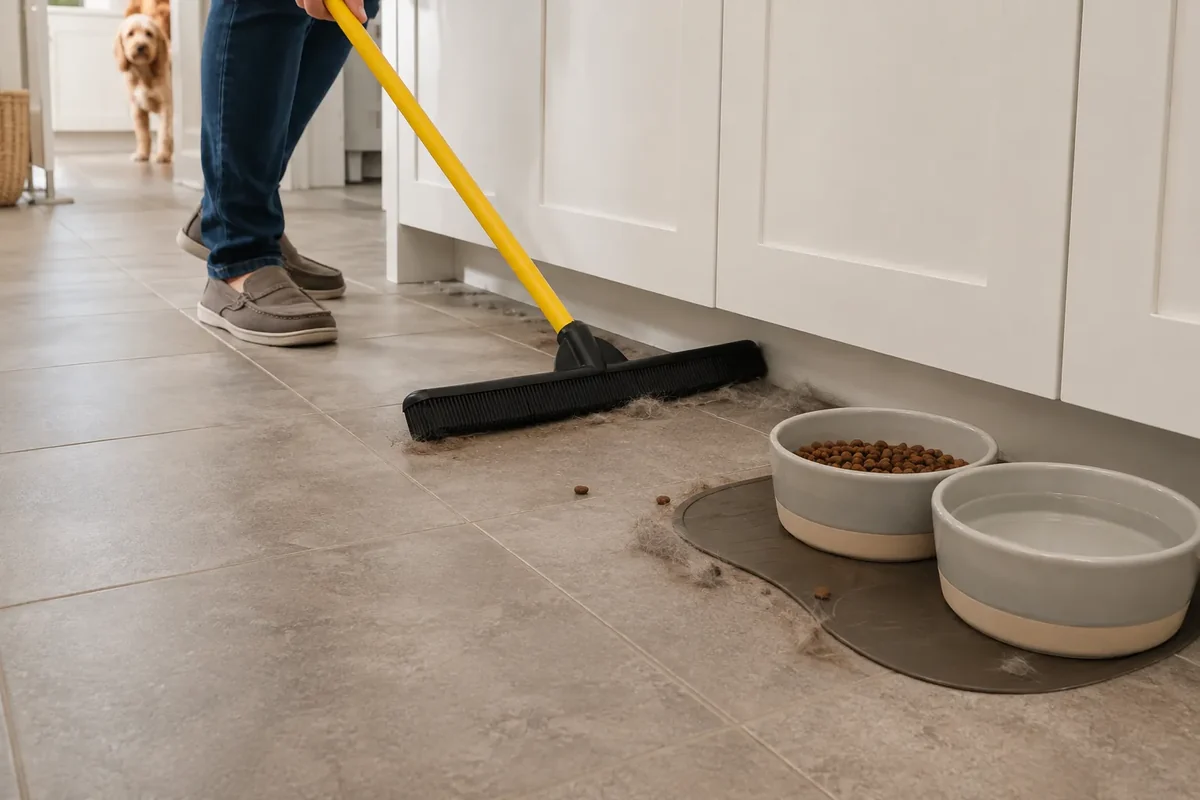 Rubber broom gathering pet hair beside pet bowls and under a kitchen cabinet toe kick
