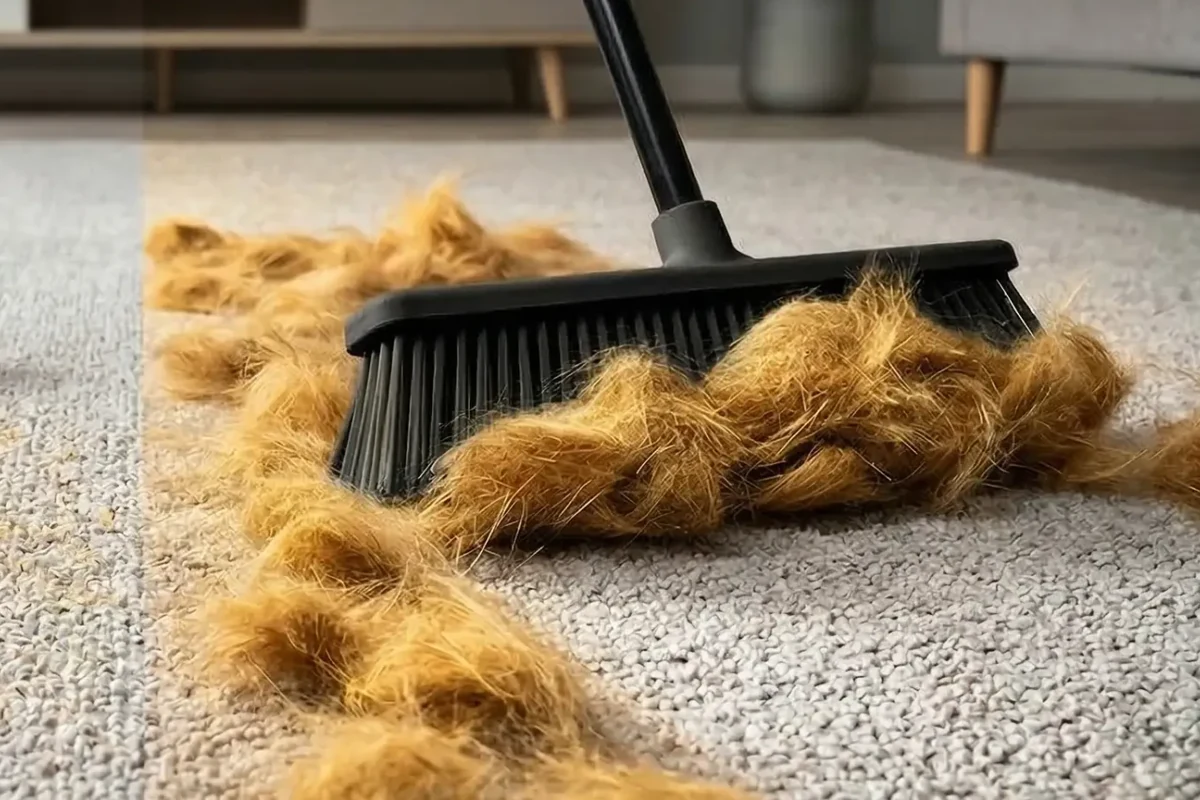 Rubber broom gathering loose pet hair from a light-colored carpet
