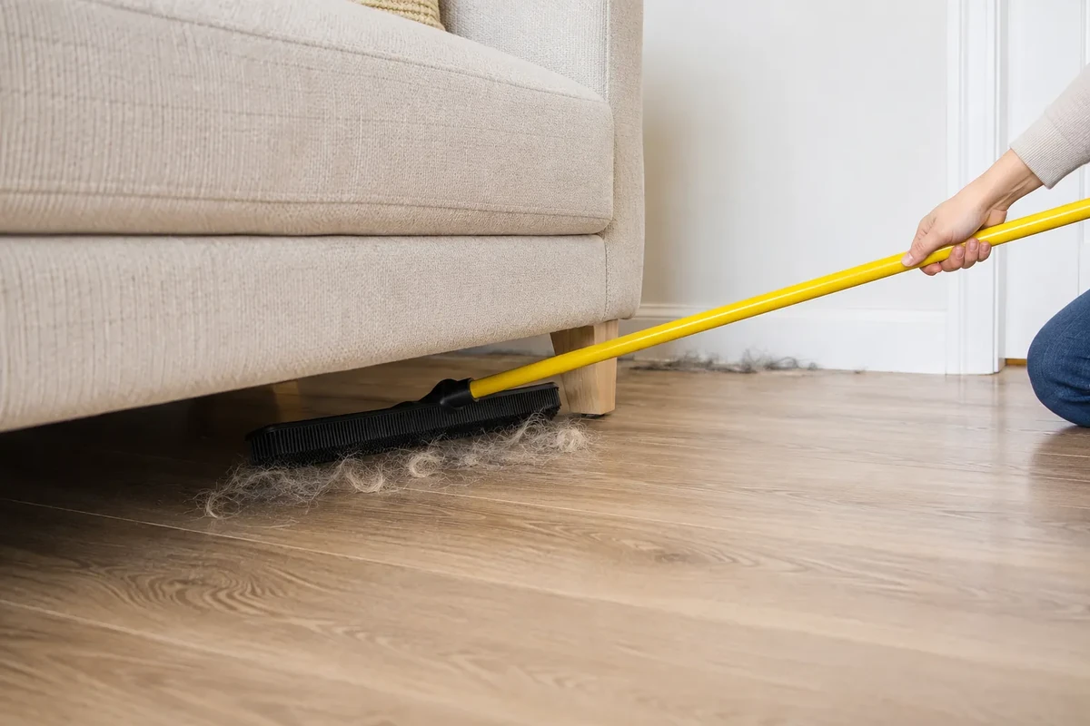 Rubber broom pulling pet hair out from under a sofa