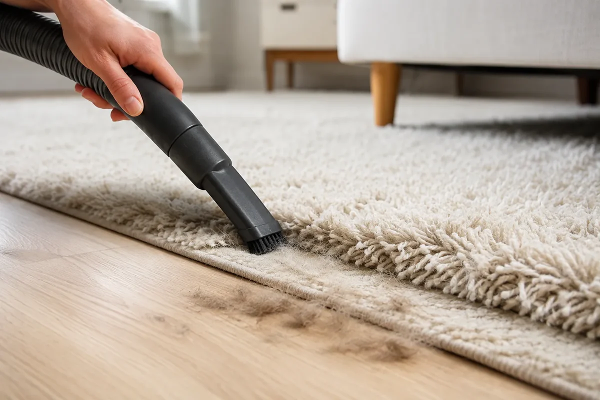 Vacuum attachment carefully removing pet hair from the edge of a high-pile rug